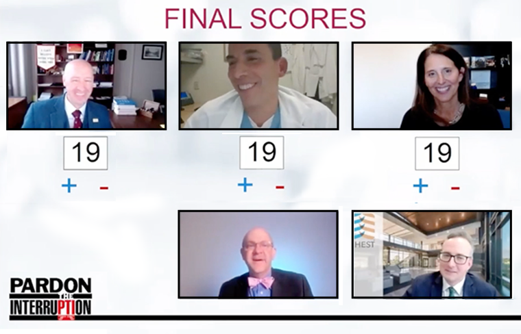 "Pardon the Interruption" final round competitors (from left at top) Gabriel Bosslet, MD, FCCP, Ronald Goldenberg, MD, and Kristin Burkart, MD, MS, FCCP, are pictured with (from left at bottom) host David Schulman, MD, MPH, FCCP, and guest judge Alex Niven, MD, FCCP.