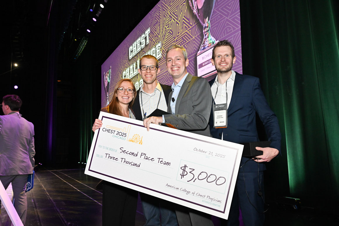 The CHEST Challenge 2025 team from the University of Colorado, from left: Jacquelyn Kercheval, MD; Program Director Tristan J. Huie, MD, FCCP; James Wykowski, MD; and Christiaan Rees, MD, PhD