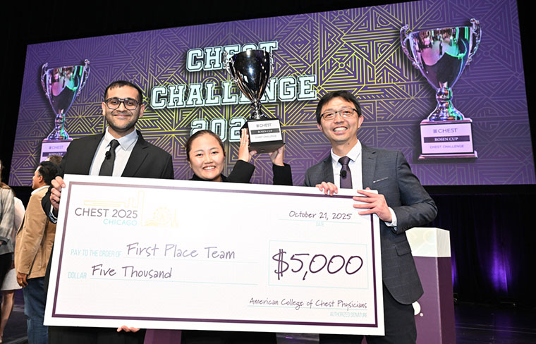 The CHEST Challenge 2025 team from the University at Buffalo, from left: Rishabh Bansal, MBBS; Jessica Baek, MD; and Yu-Che Lee, MD, MPH